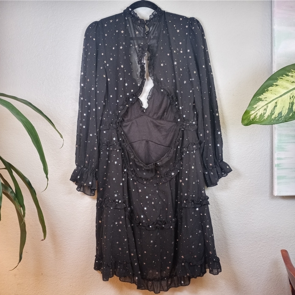 Whimsigoth Sheer Black Silver Star Ruffled Deep V Festive Holiday Dress XL - Picture 6 of 11